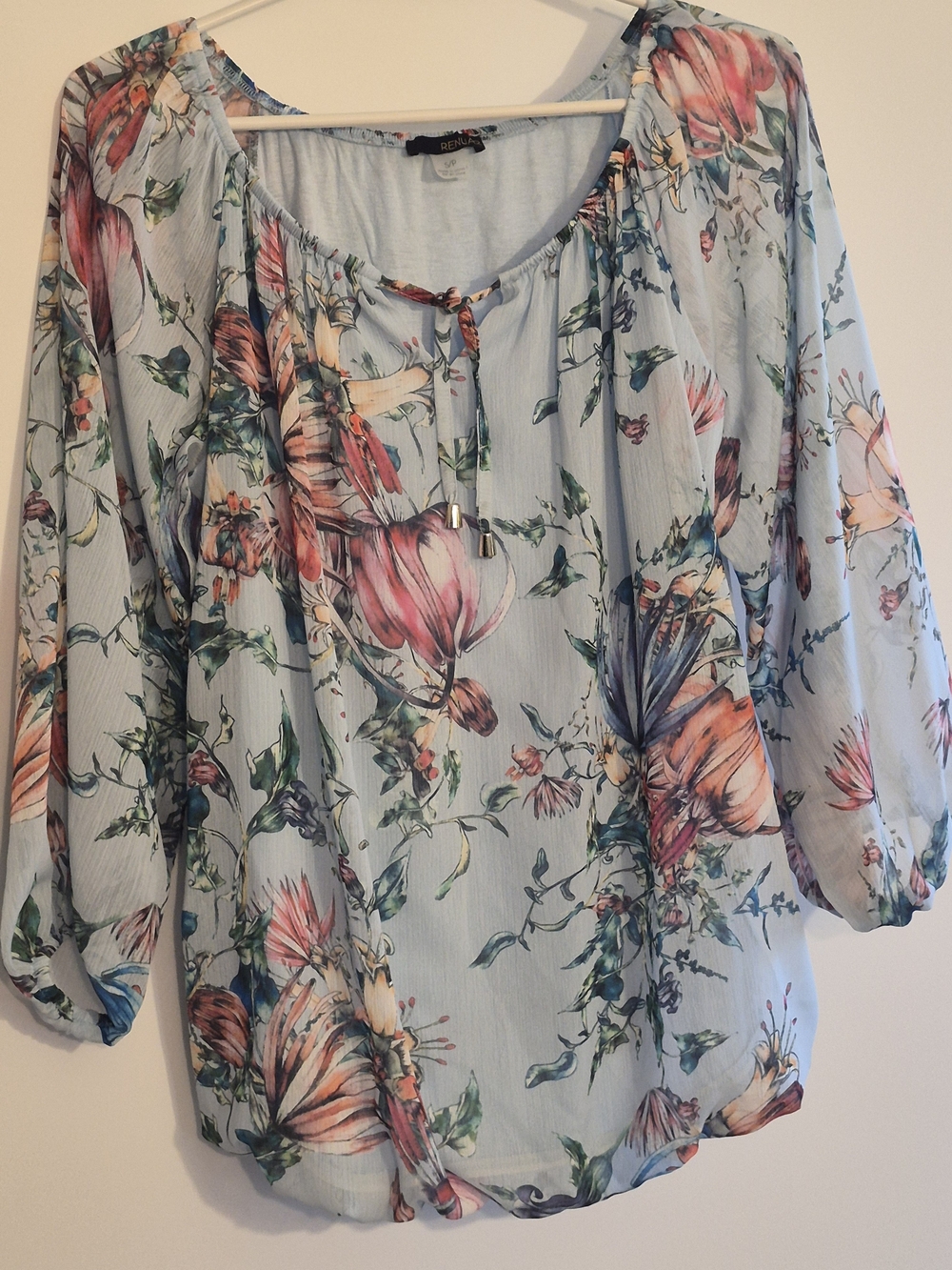 Renuar Light Blue Floral Tie-Neck Blouse